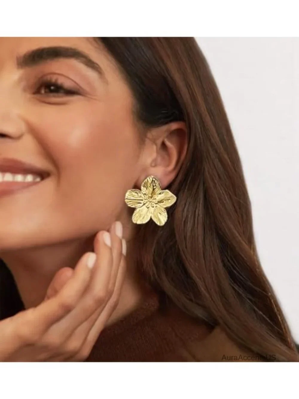 Chunky Gold Leaf Flower Dangle Earrings, Hypoallergenic Metal Statement Jewelry